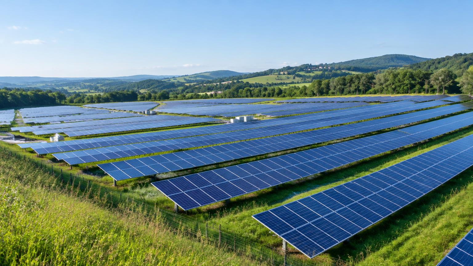 Rows of solar panels in green European countryside